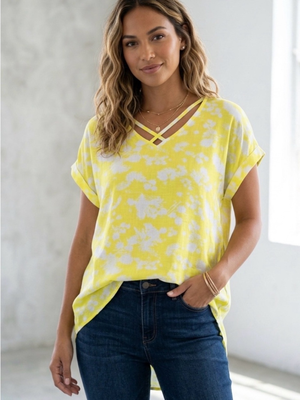 East 5th yellow white floral tunic